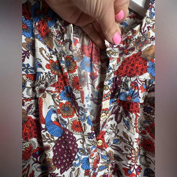 Loft Peacock Floral Print White Ruffle Long Sleeve Blouse Top Petite - Picture 11 of 17